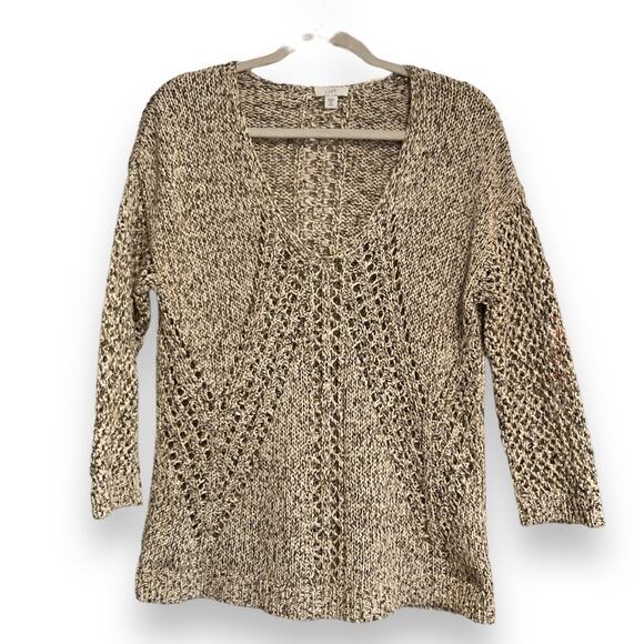 Womens J. Jill Marled Open Knit 3/4 Sleeve Cream Gold V Neck Sweater Size XS - Picture 1 of 16